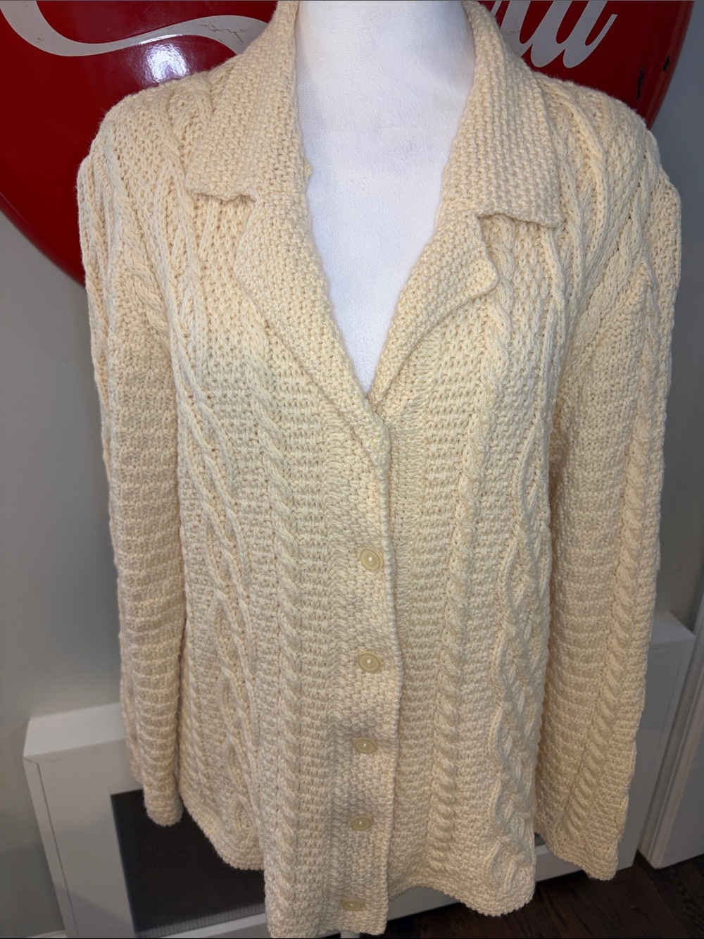 Vintage 100% Wool Fisherman Style Chunky Cable Knit Cream Cardigan Sweater, L